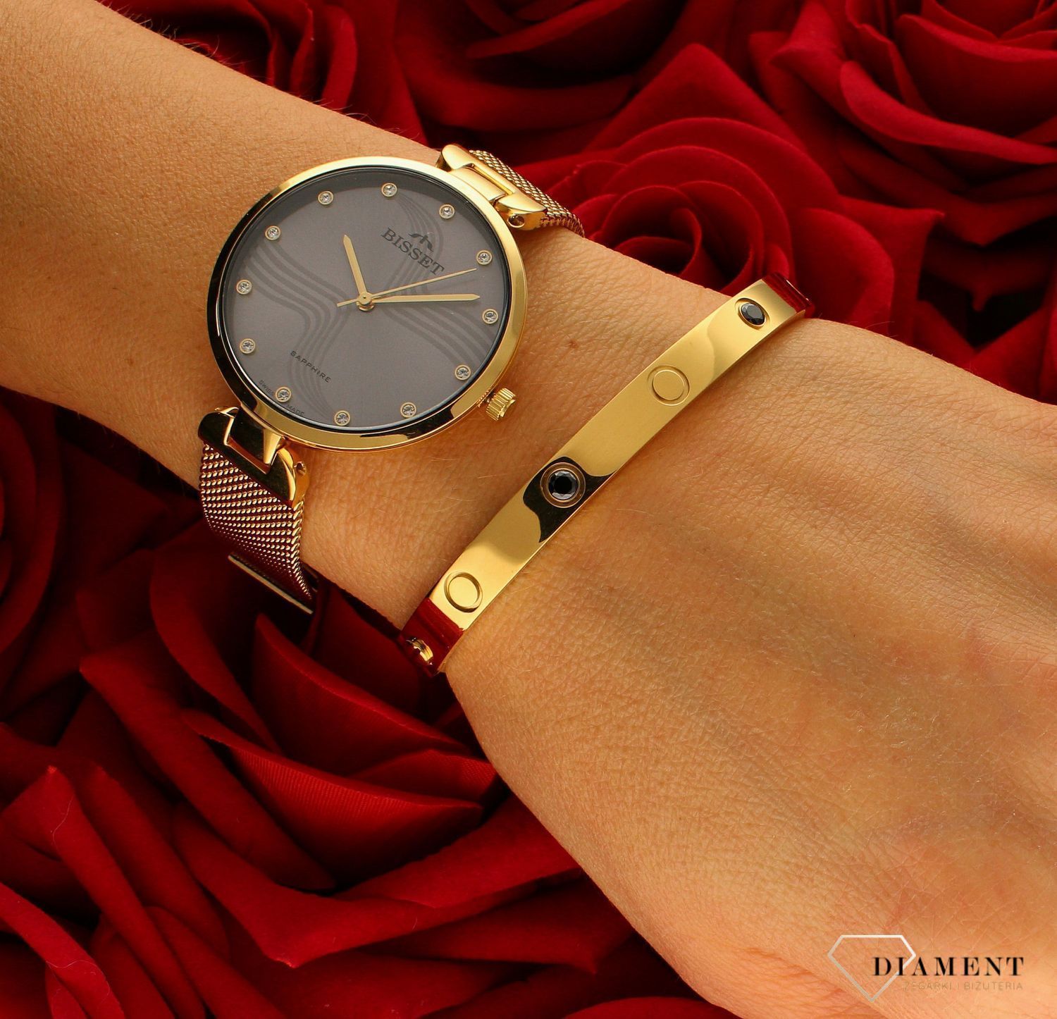 Zegarek damski na bransolecie Bisset z szafirowym szkłem BSBF28.jpg